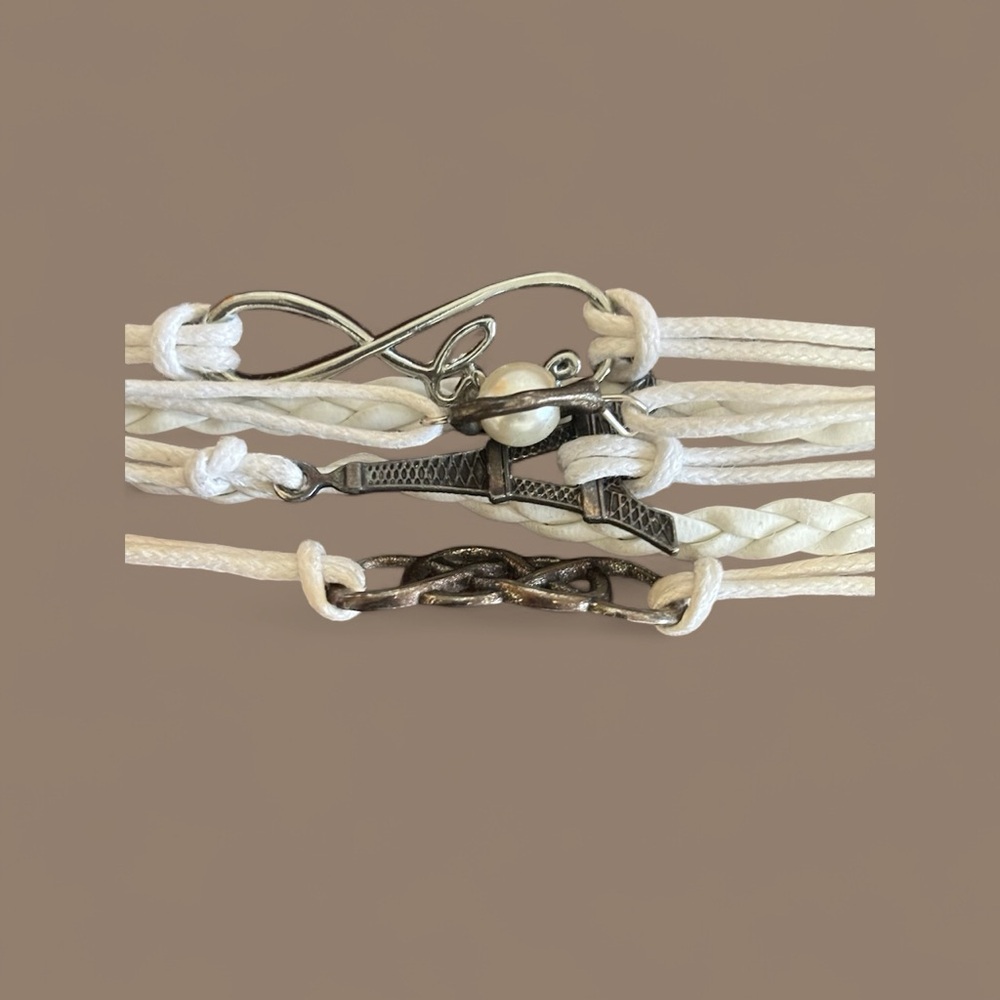 Braided/Strand 7.25"-8.75"6-in-1 Wristband with Charms Women's White/Silver-Tone - Picture 5 of 15